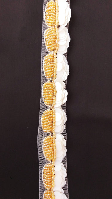 White Net Lace With Off White Sequins and Gold Beads, Scallop Trim, Exclusive Laces